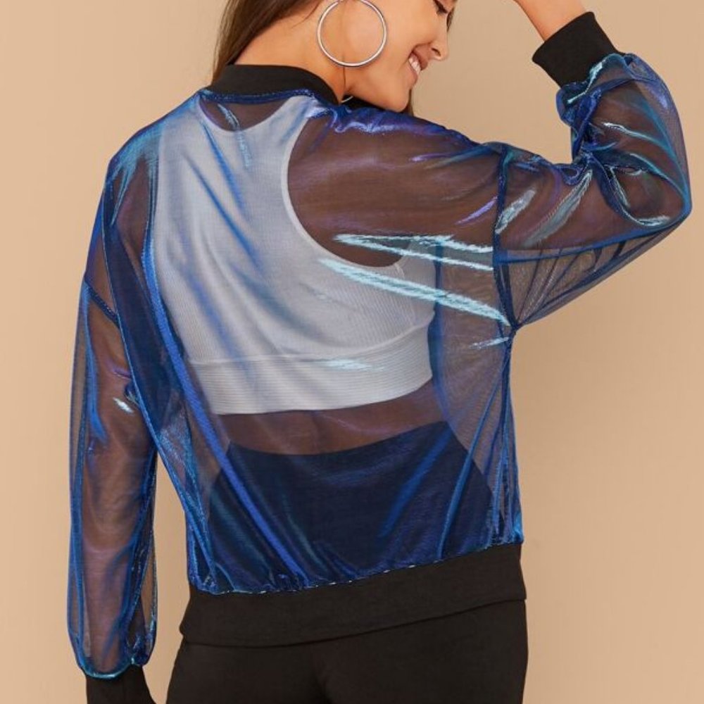Zip Front Sheer Mesh Bomber Jacket